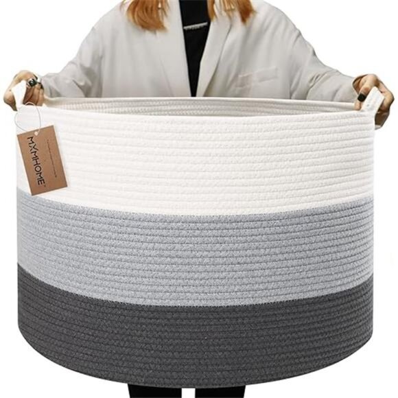 Large Cotton Rope Basket,22"x22"x14"Throw Blanket Storage for Living Room Woven - Picture 7 of 7